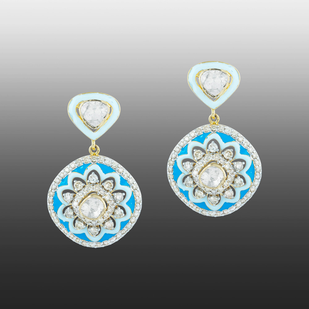 Blue Enamel Flower Polki Earrings with Diamond Halos